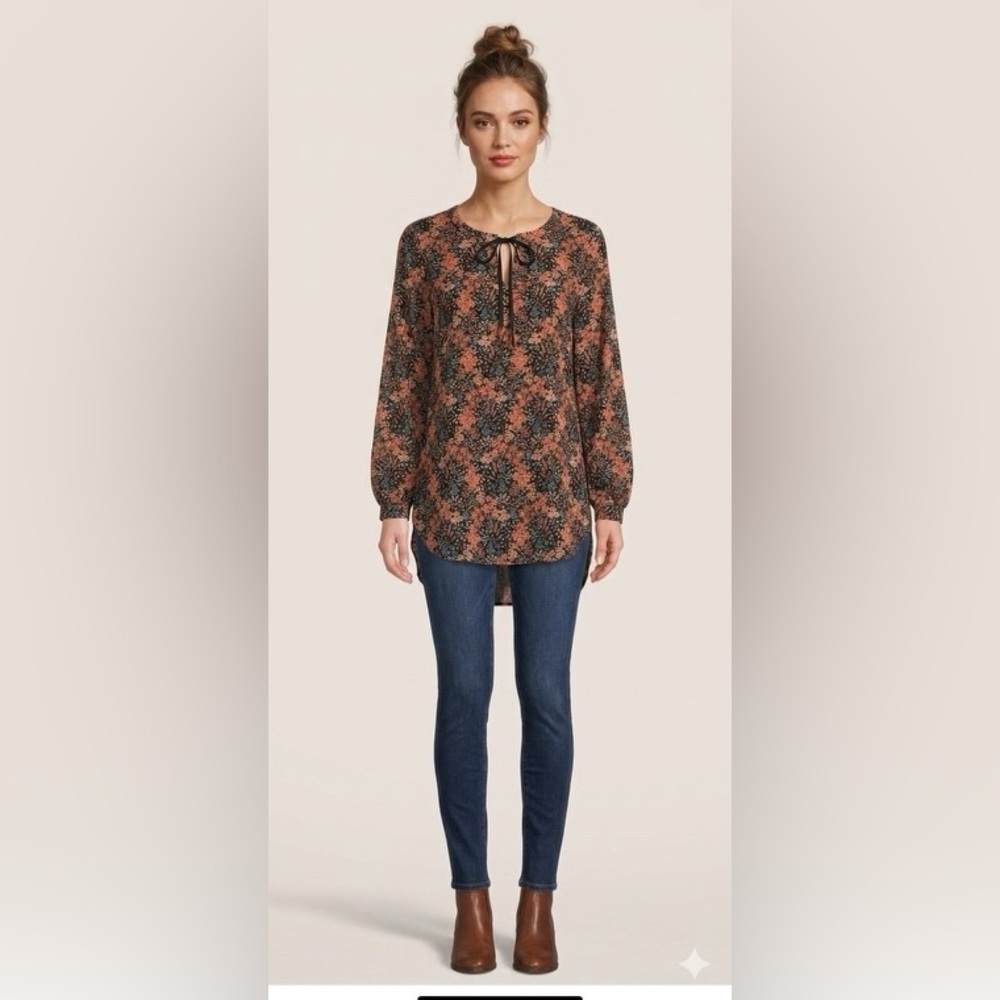 DR2 Elegant Floral Women's Blouse - Black and Orange Medium